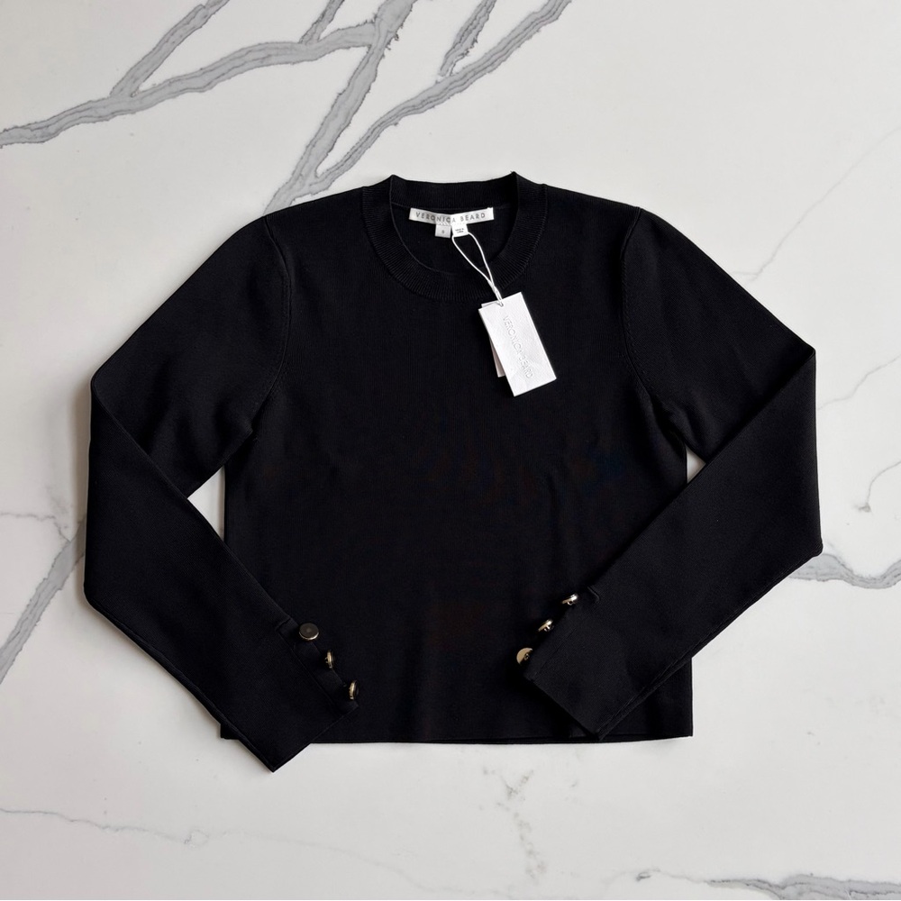 NWT Veronica Beard Black Crewneck Top with Button Cuff Details